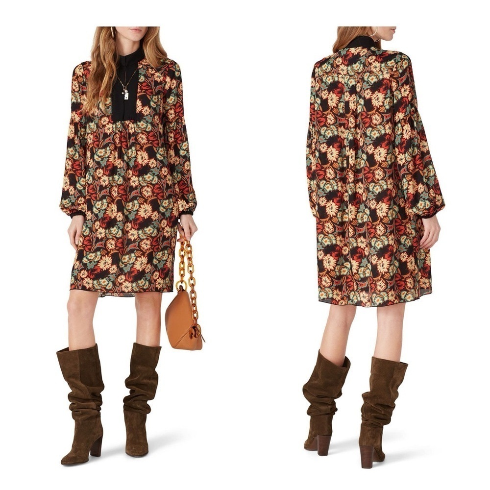 Anna Sui Black Midi Dress Floral Boho 2 Red Yellow 90s Y2K Cocktail Party 🟡